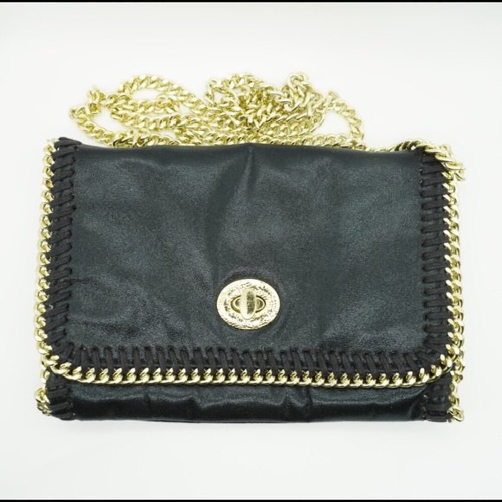 Steve Madden Black Satiny Fold Over Crossbody Purse with Gold Tone Chain